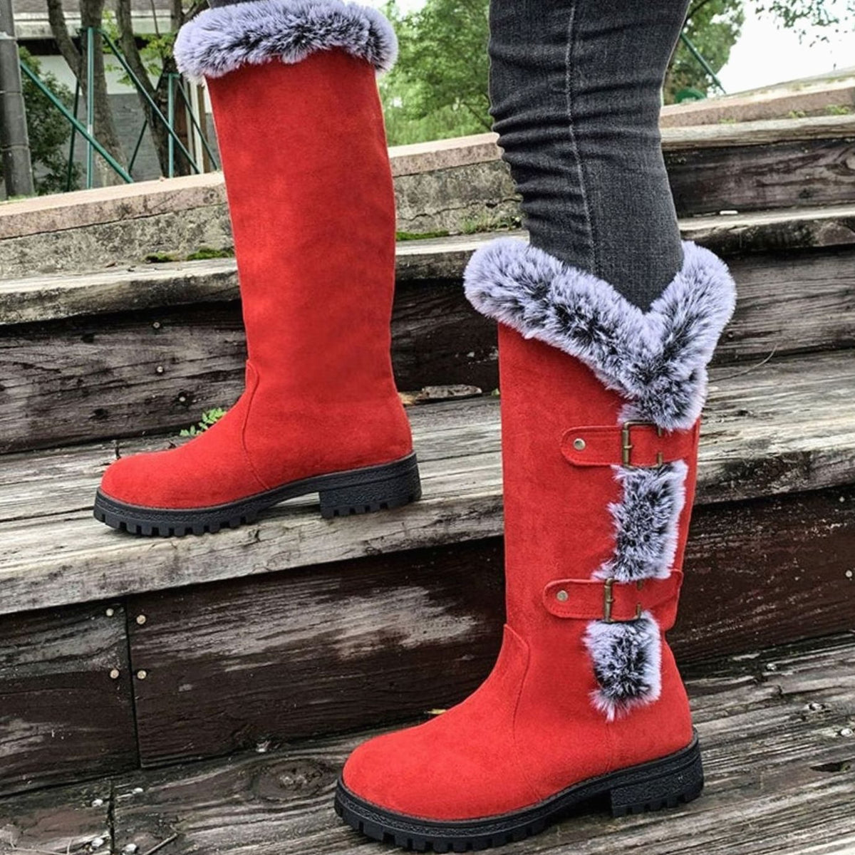 Women's Faux Suede Plush-Lined Buckle Knee High Boots