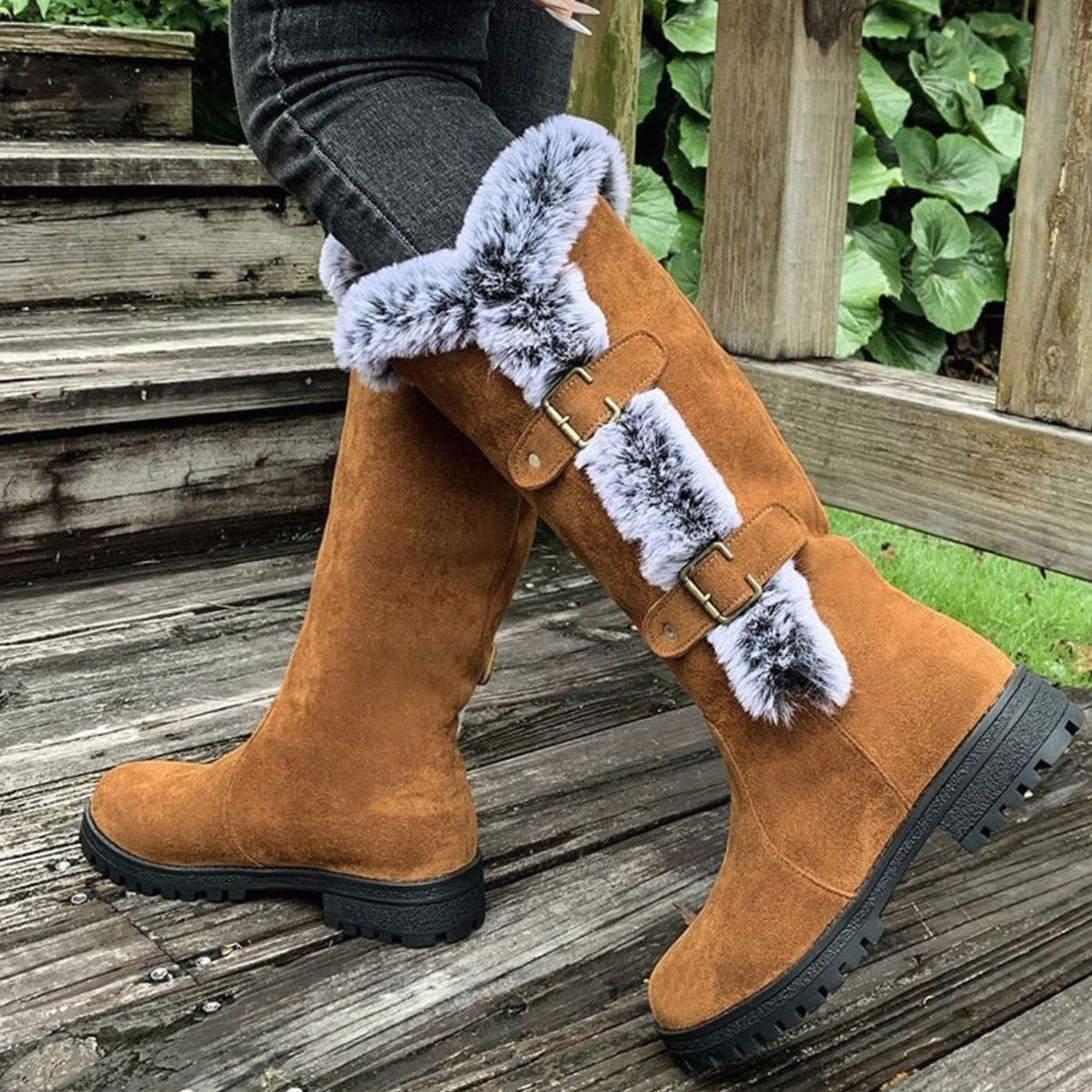 Women's Faux Suede Plush-Lined Buckle Knee High Boots