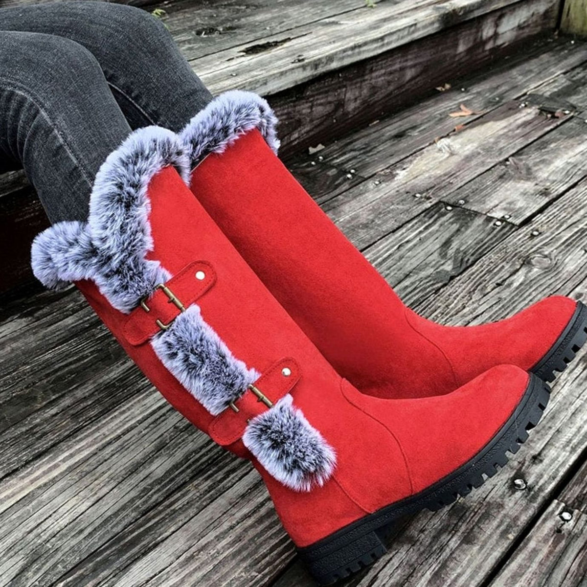 Women's Faux Suede Plush-Lined Buckle Knee High Boots