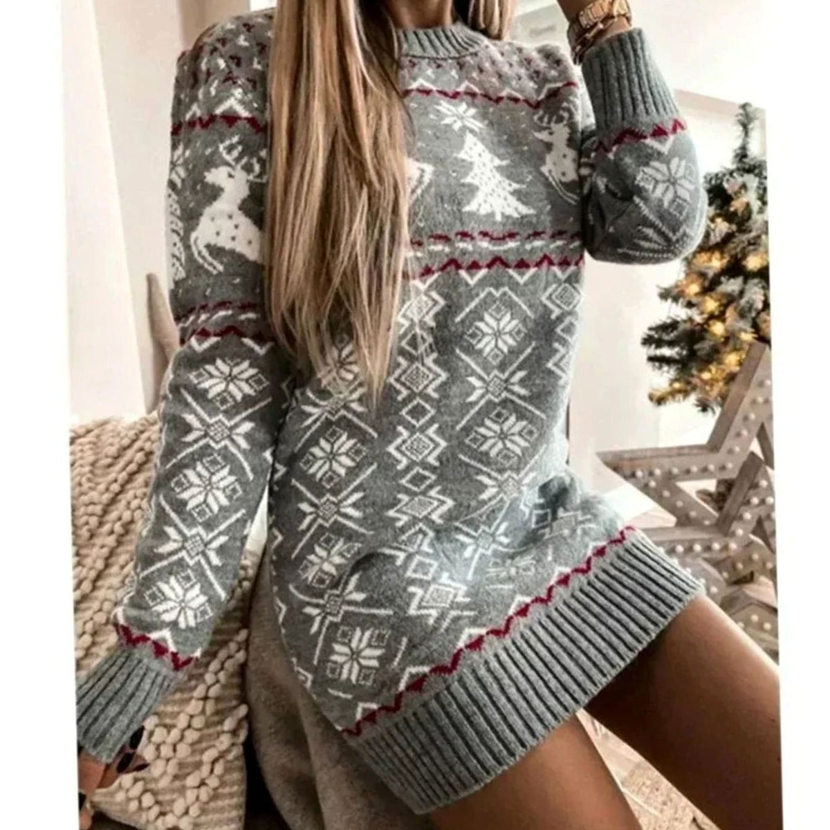 Women's Festive Knitted Christmas Party Dress Long Sleeve