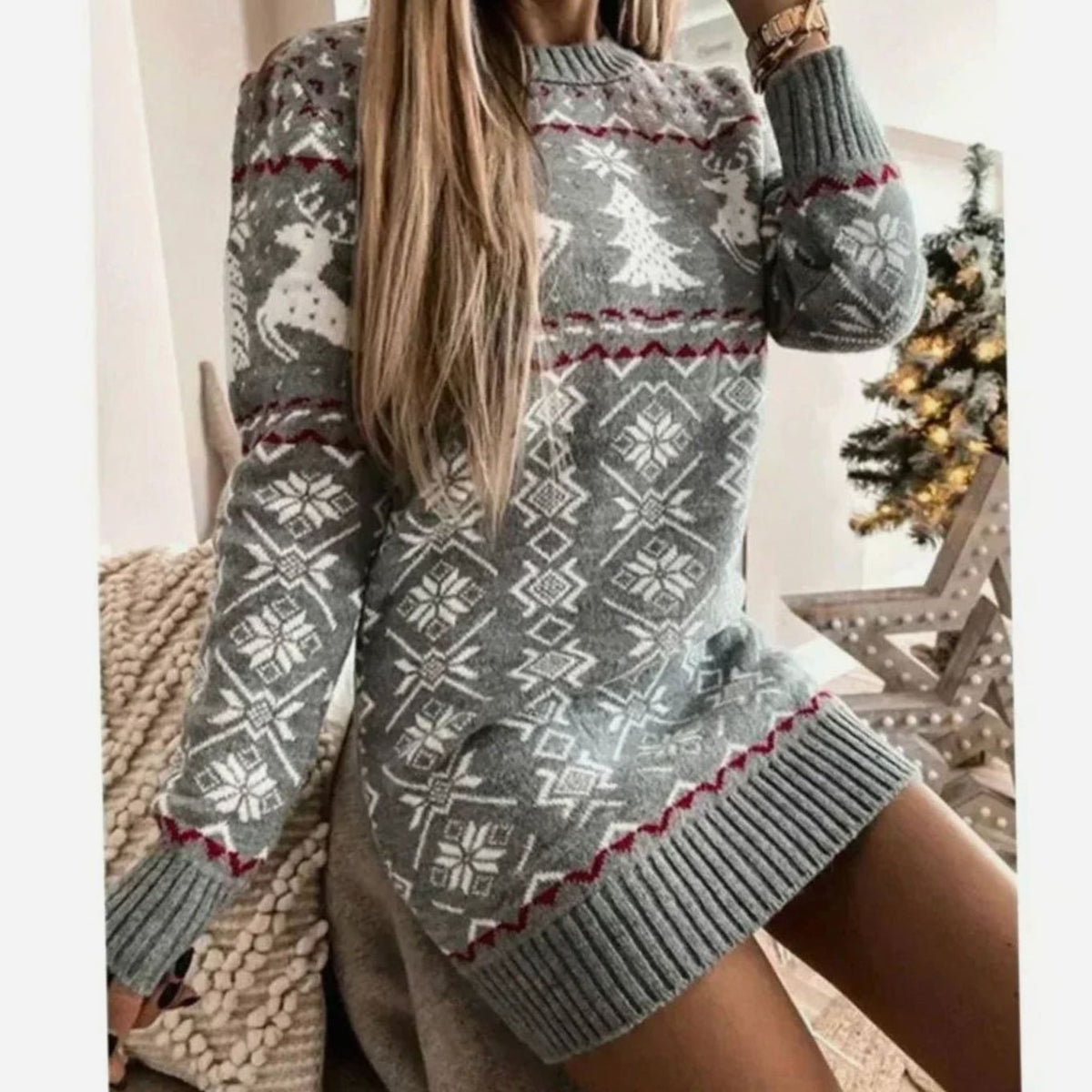 Women's Festive Knitted Christmas Party Dress Long Sleeve - Grey