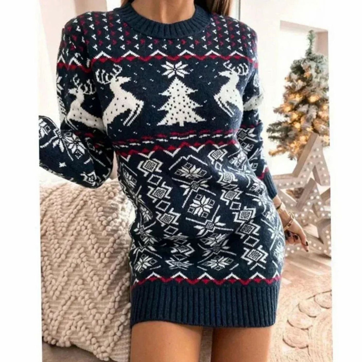 Women's Festive Knitted Christmas Party Dress Long Sleeve - Blue