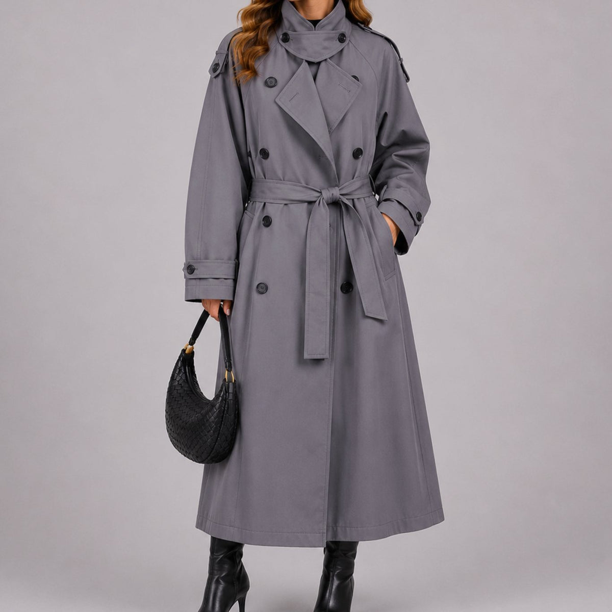 Women's Fitted Double-Breasted Belted Longline Trench Coat - Gray