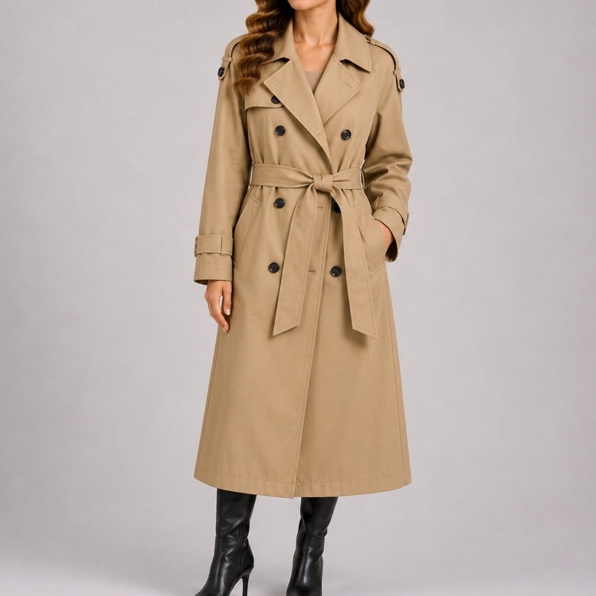Women's Fitted Double-Breasted Belted Longline Trench Coat - Beige