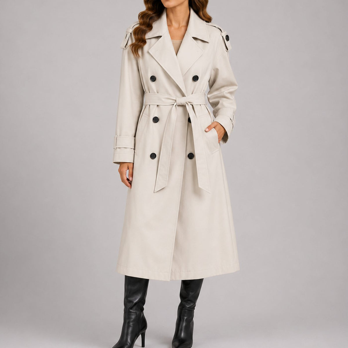 Women's Fitted Double-Breasted Belted Longline Trench Coat - White