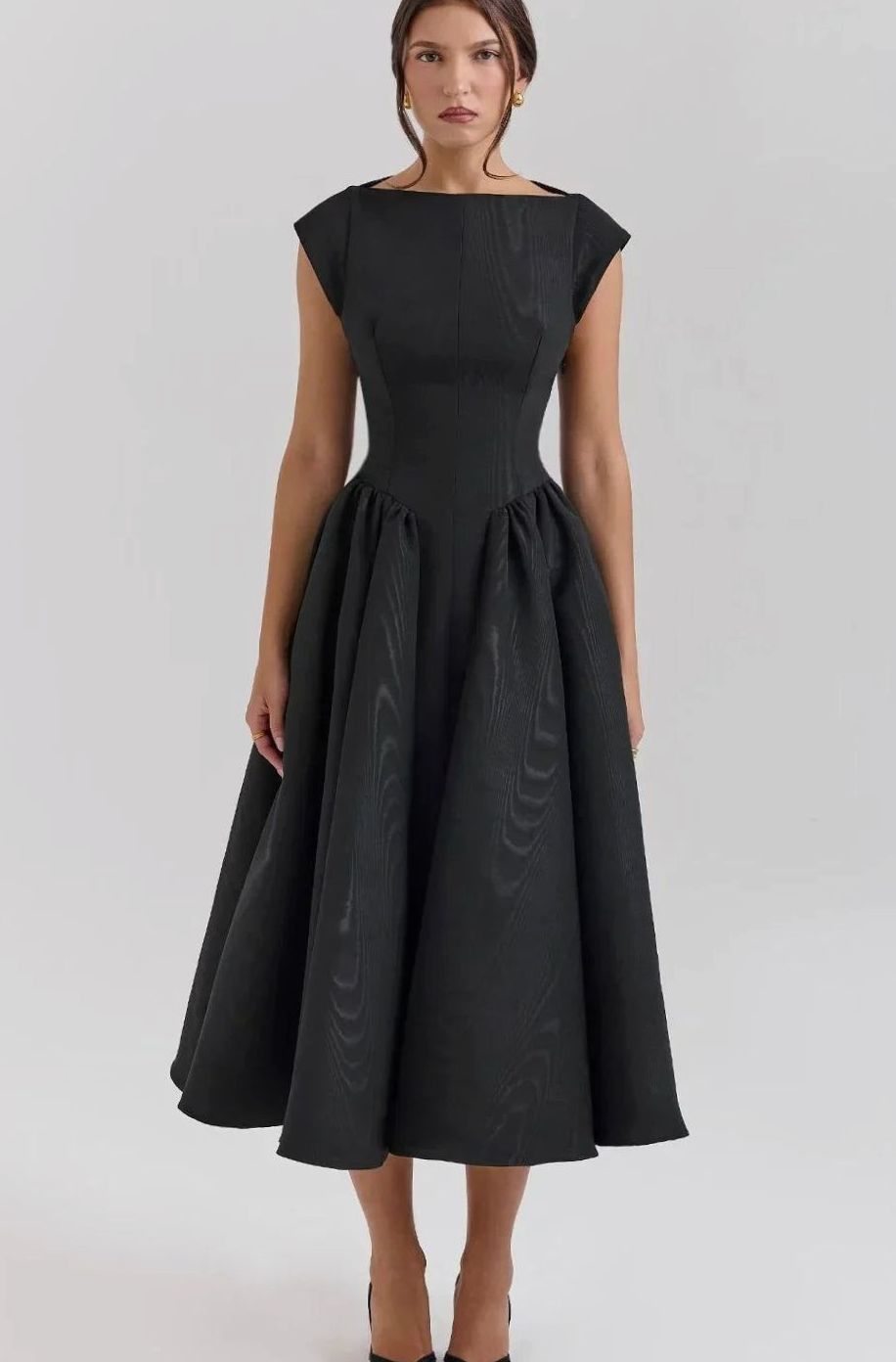 Women's Fitted Flared Midi Party Dress Boat Neck Cap Sleeve - Black