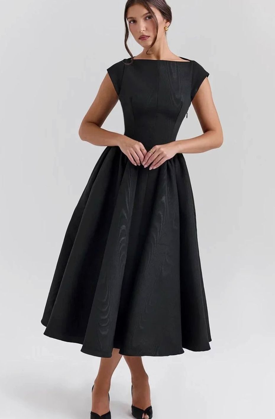 Women's Fitted Flared Midi Party Dress Boat Neck Cap Sleeve