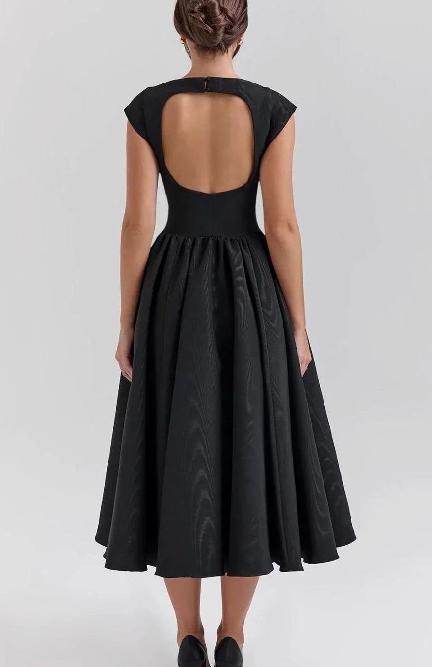 Women's Fitted Flared Midi Party Dress Boat Neck Cap Sleeve