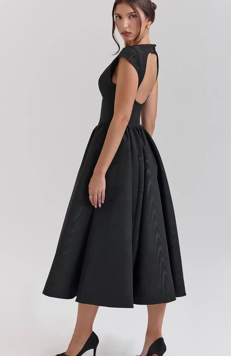 Women's Fitted Flared Midi Party Dress Boat Neck Cap Sleeve