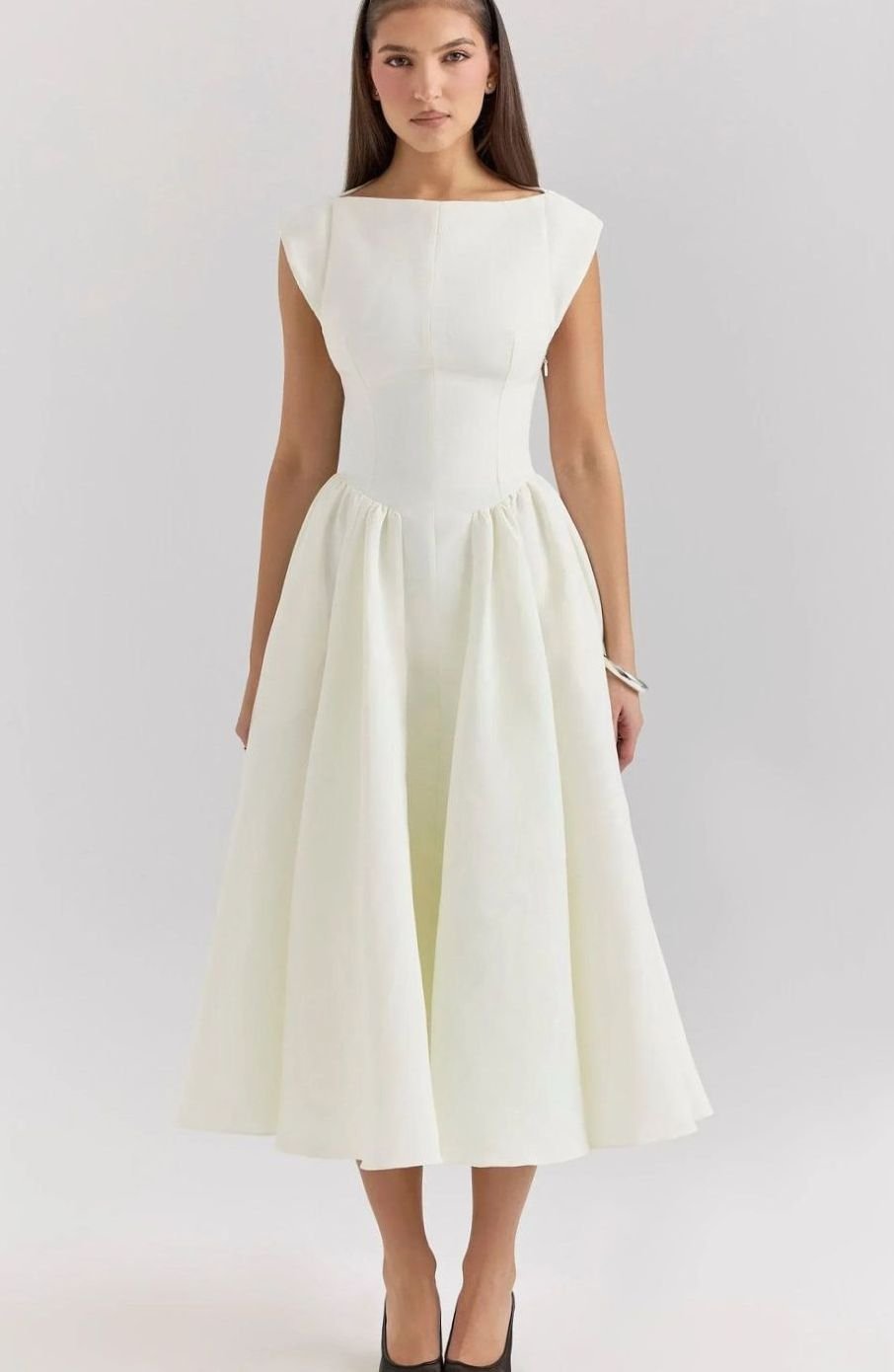 Women's Fitted Flared Midi Party Dress Boat Neck Cap Sleeve - White