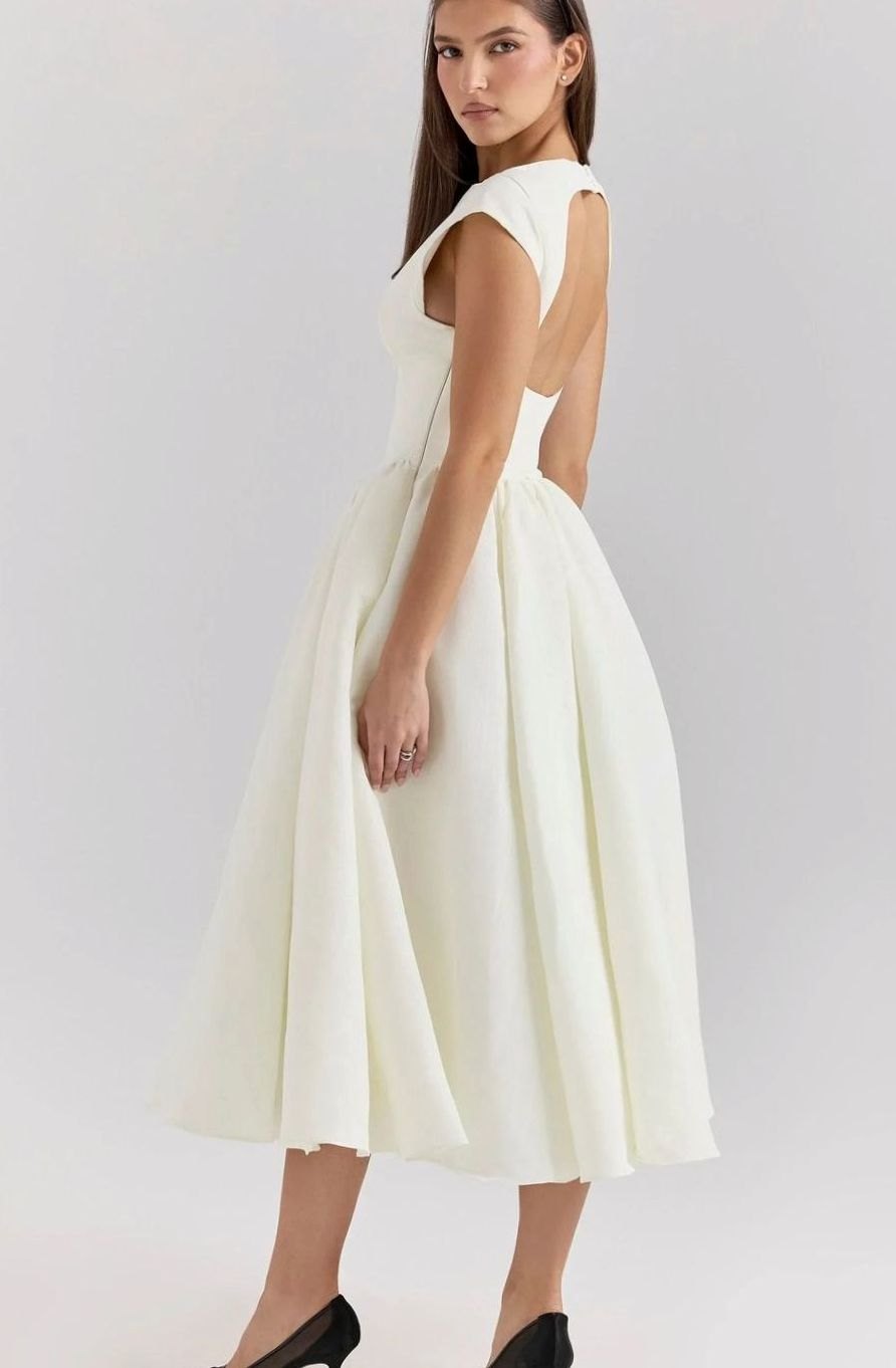 Women's Fitted Flared Midi Party Dress Boat Neck Cap Sleeve