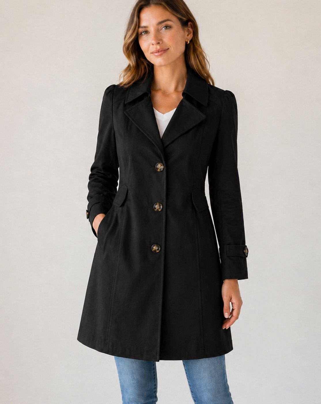 Women's Fitted Tailored Trench Coat Button-Up Short - Black