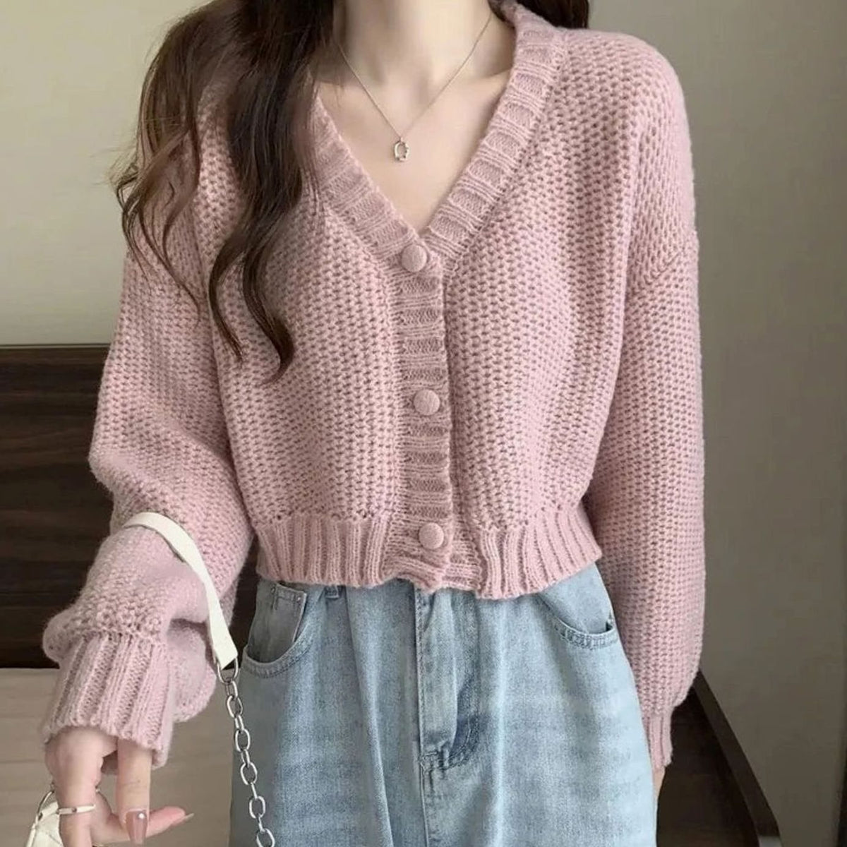 Women's Fitted V-Neck Cropped Cardigan Button Front - Pink