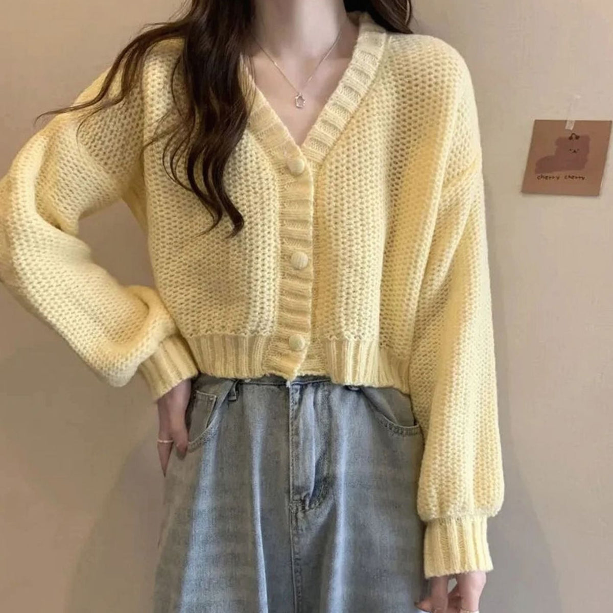 Women's Fitted V-Neck Cropped Cardigan Button Front - Yellow