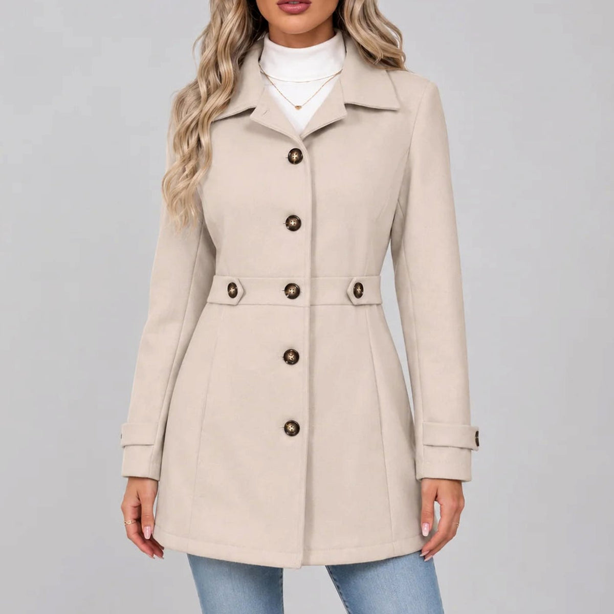 Women's Fitted Wool Coat Ladies Overcoat Button Front Waist - Beige