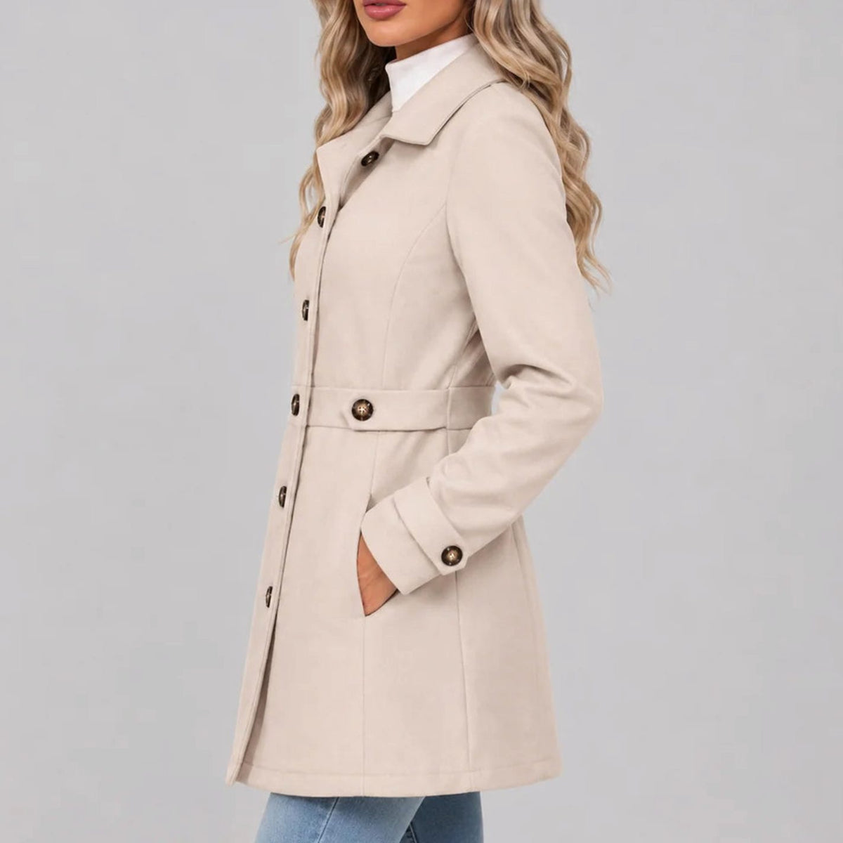 Women's Fitted Wool Coat Ladies Overcoat Button Front Waist
