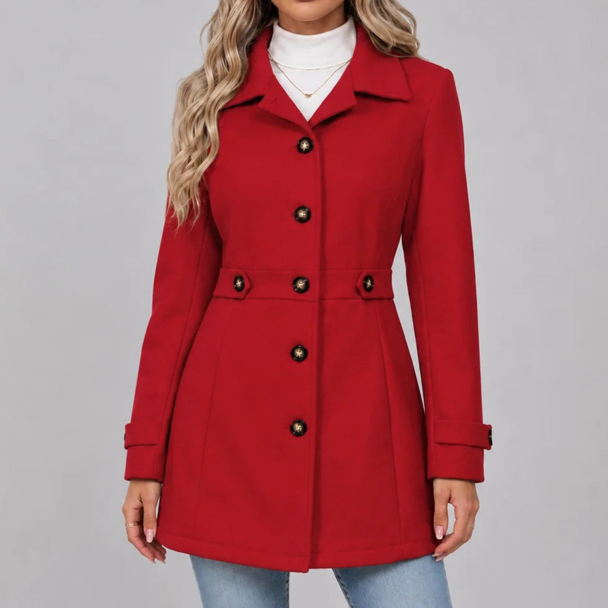 Women's Fitted Wool Coat Ladies Overcoat Button Front Waist - Red