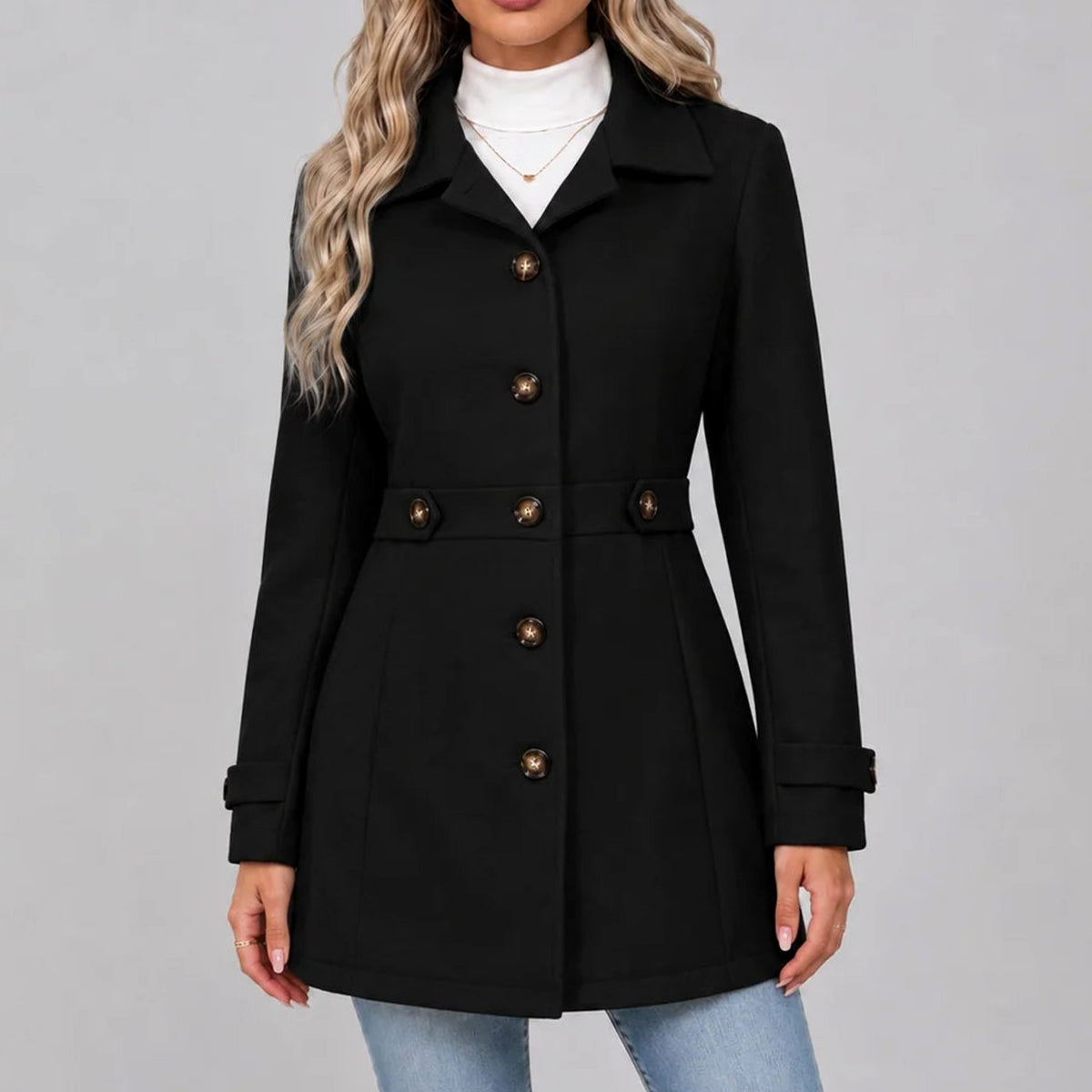 Women's Fitted Wool Coat Ladies Overcoat Button Front Waist - Black