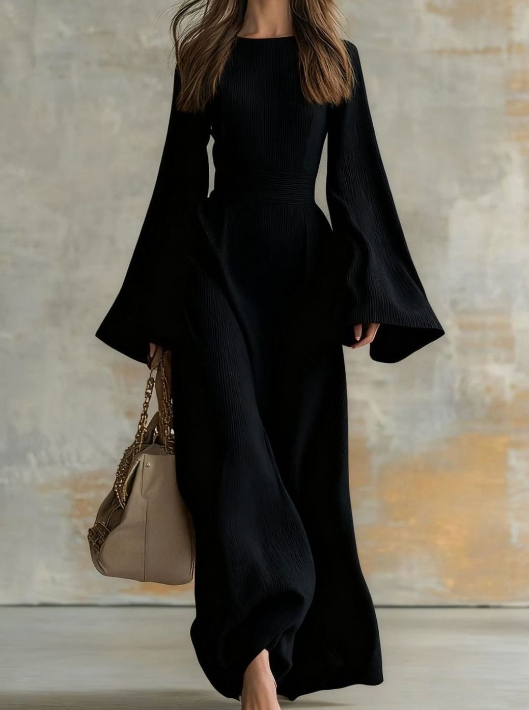 Women's Flared-Sleeve Ribbed Maxi Evening Dress - Black