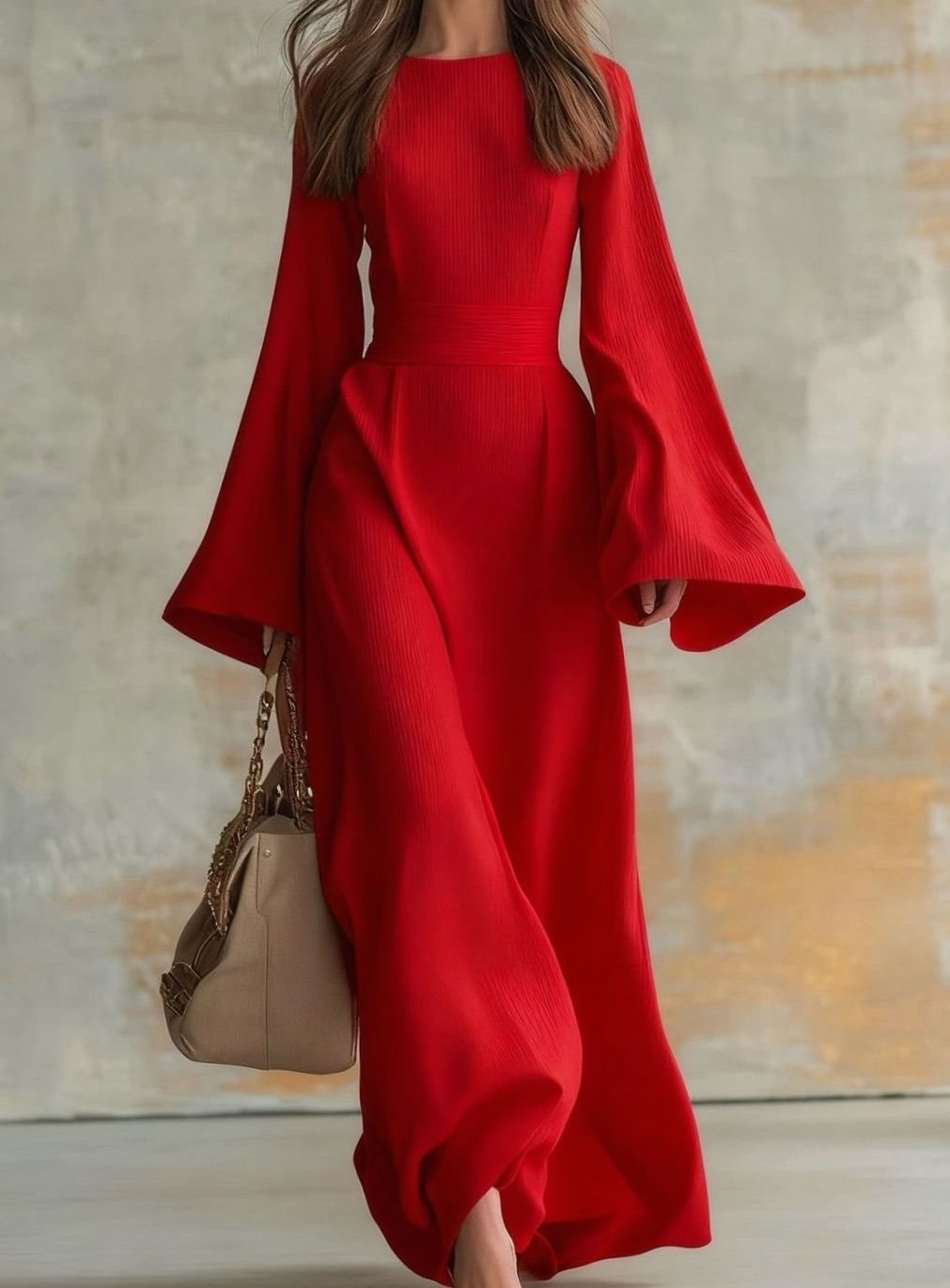 Women's Flared-Sleeve Ribbed Maxi Evening Dress - Red