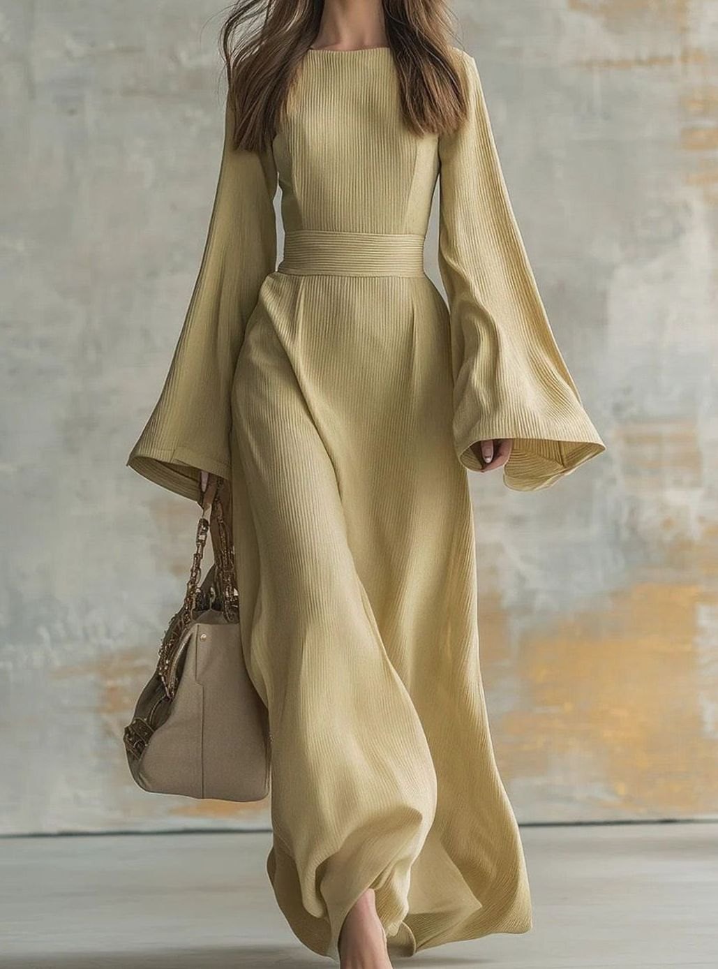 Women's Flared-Sleeve Ribbed Maxi Evening Dress - Sand Yellow