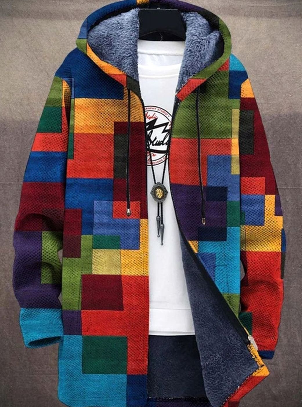 Women's Fleece-Lined Geometric Patterned Knit Zip-Up Hooded Cardigan - Multicolour