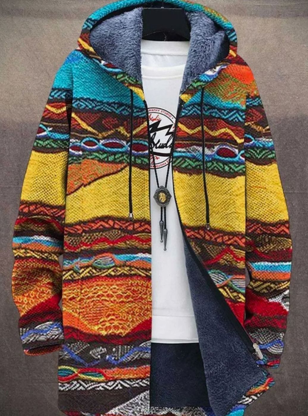 Women's Fleece-Lined Geometric Patterned Knit Zip-Up Hooded Cardigan - Rainbow