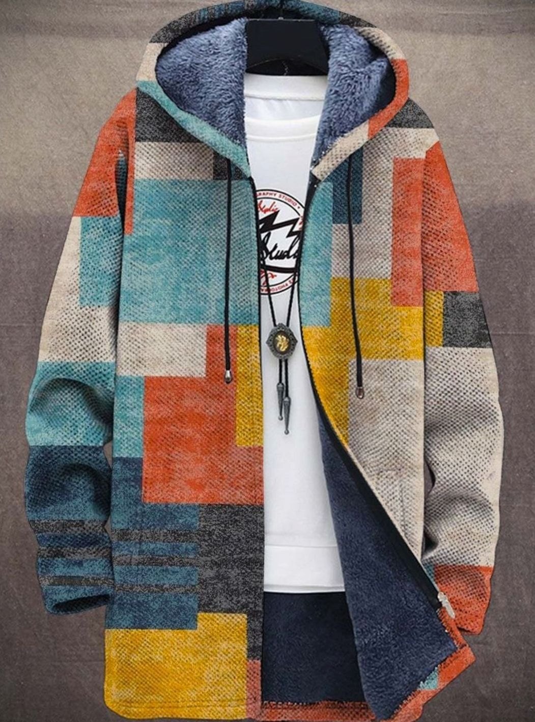 Women's Fleece-Lined Geometric Patterned Knit Zip-Up Hooded Cardigan - Colour Block
