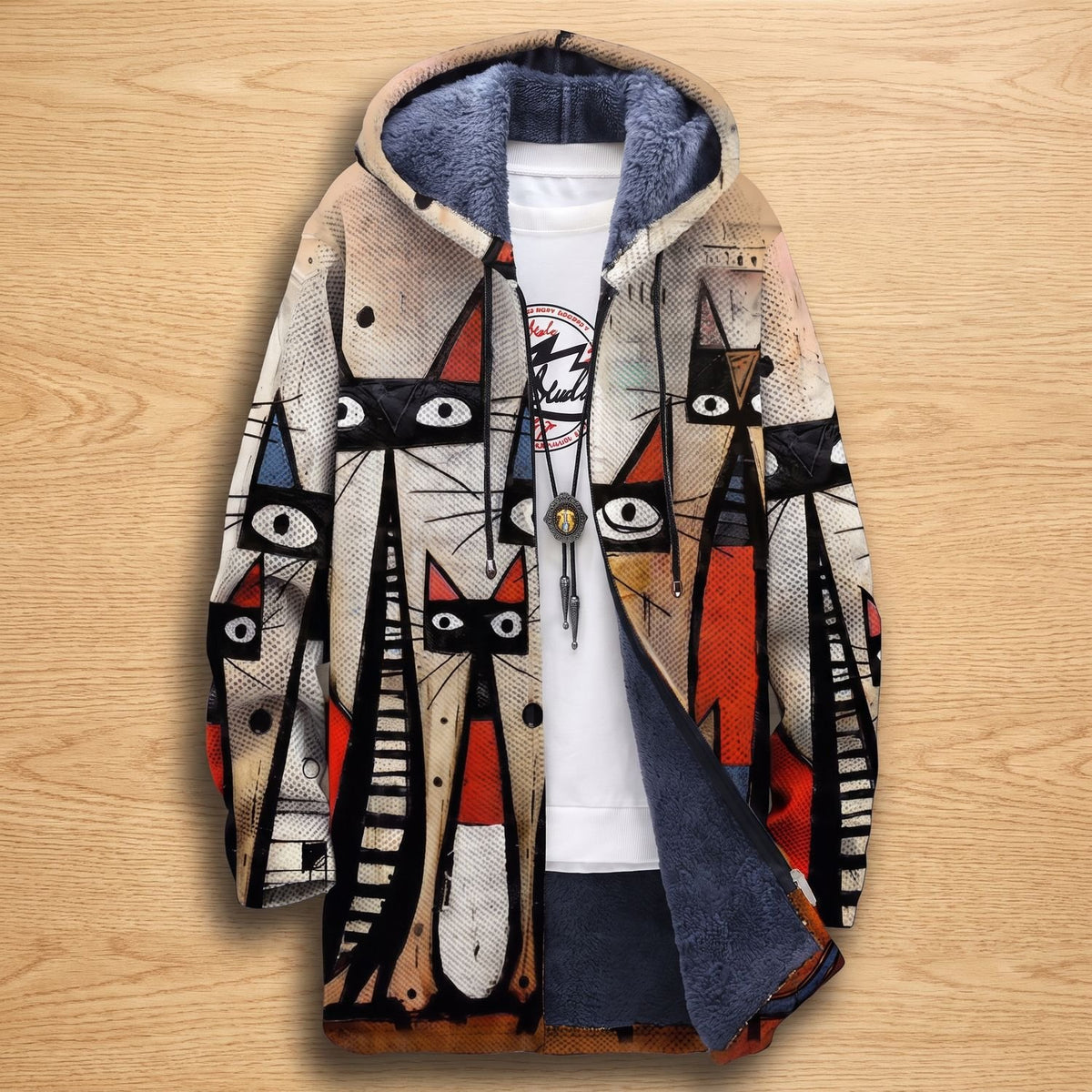 Women's Fleece-Lined Hooded Abstract Cat Print Open-Front Cardigan - Multicolour