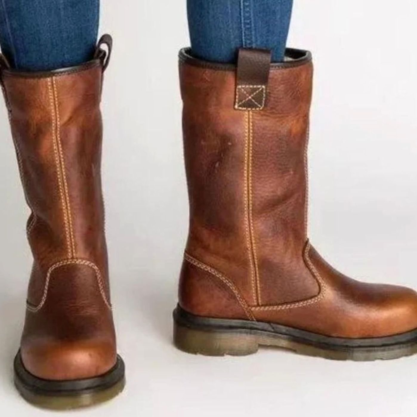 Women's Fleece-Lined Leather Winter Boots Slouch Mid-Calf - Brown