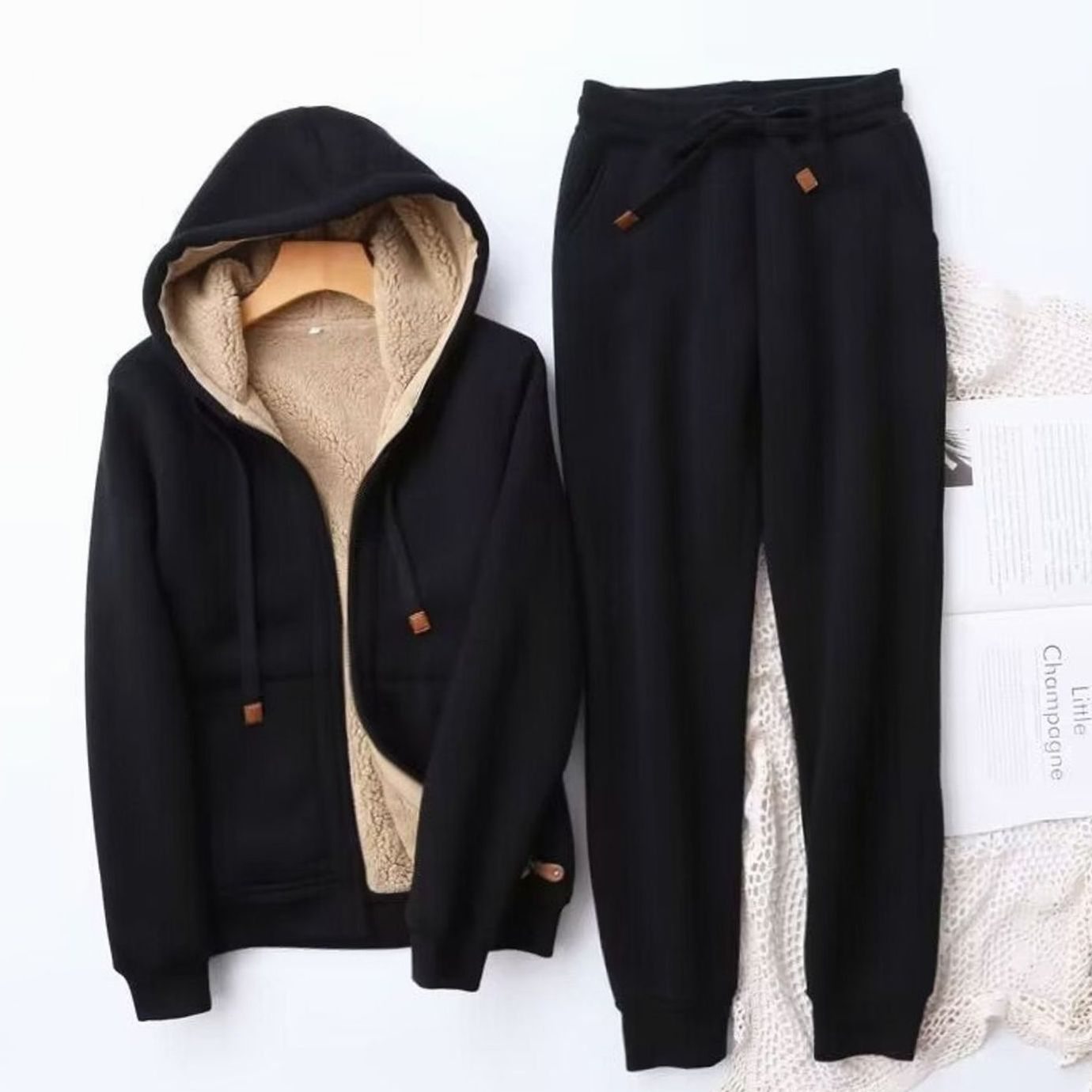 Women's Fleece-Lined Winter Hoodie Jogger Tracksuit Set - Black