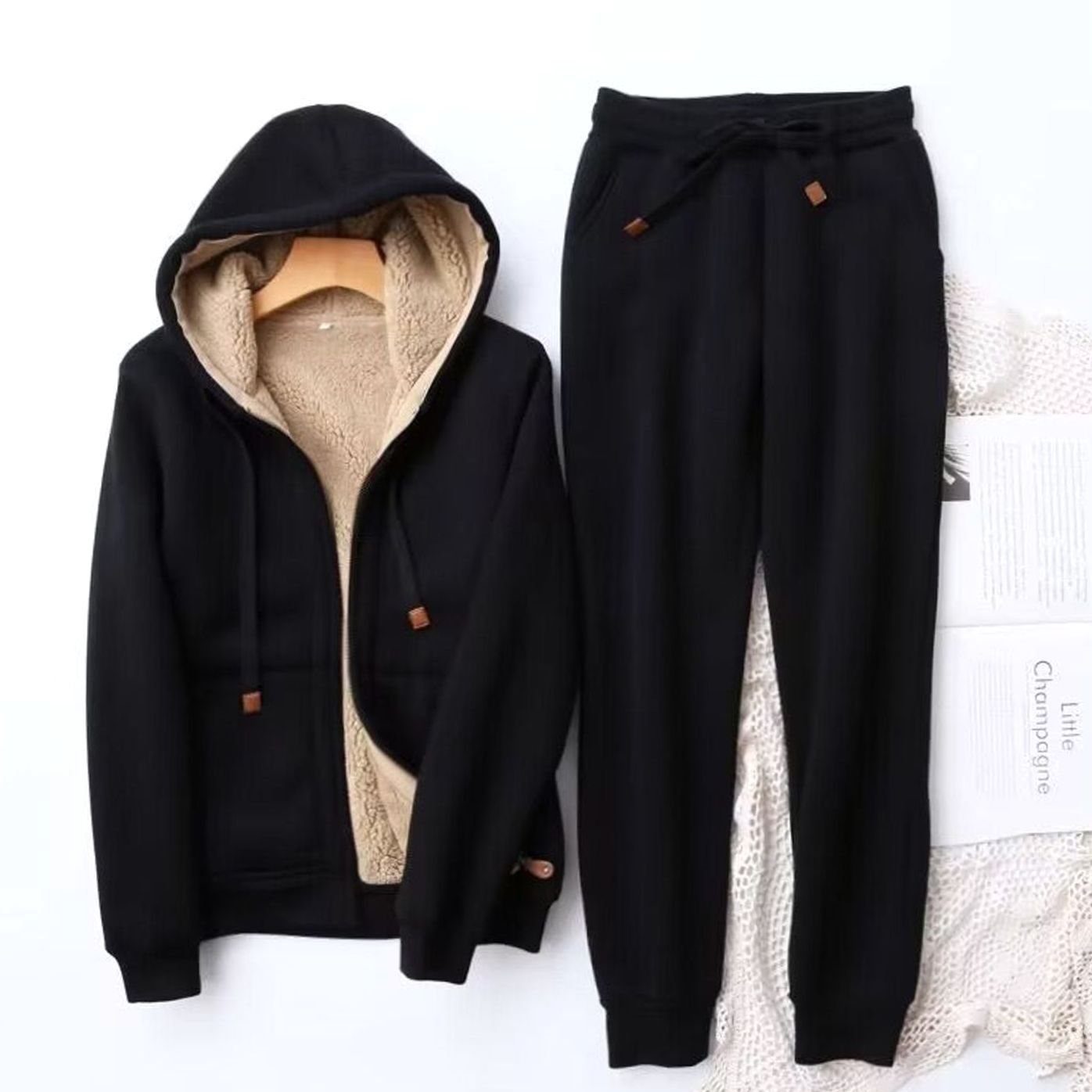 Women's Fleece-Lined Winter Hoodie Jogger Tracksuit Set - Black