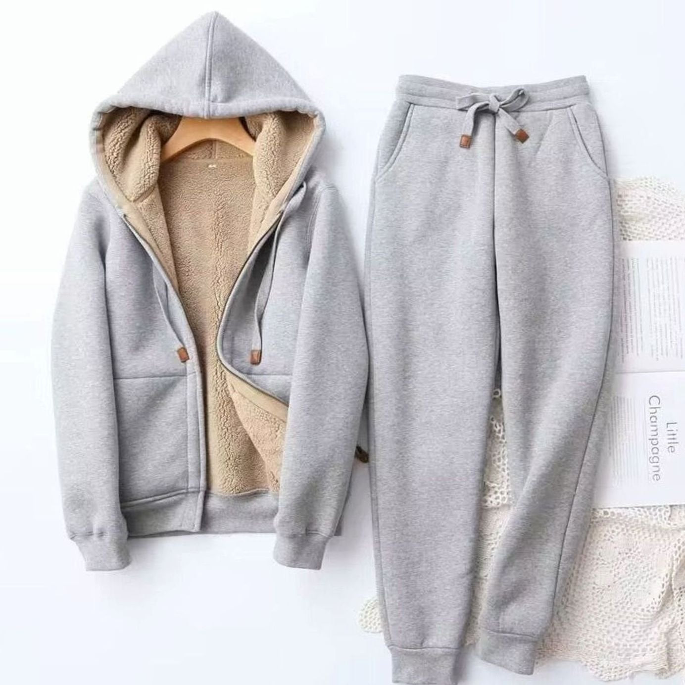 Women's Fleece-Lined Winter Hoodie Jogger Tracksuit Set - Grey