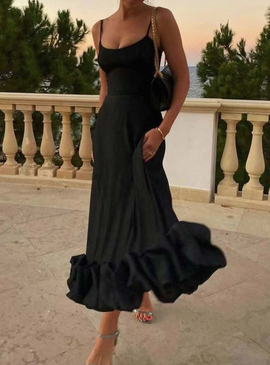 Women's Floral A-Line Midi Dress Spaghetti Strap Ruffle Hem - Black