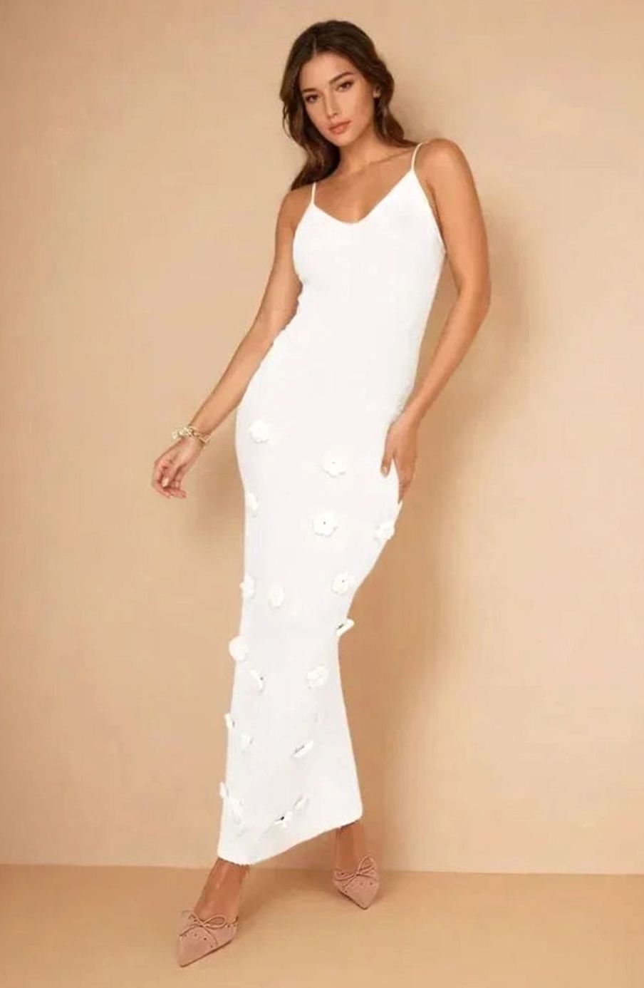 Women's Floral Appliqué Spaghetti-Strap Maxi Evening Dress - White