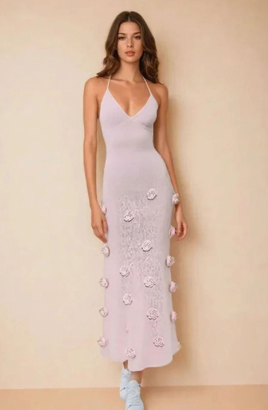 Women's Floral Appliqué Spaghetti-Strap Maxi Evening Dress - Pink