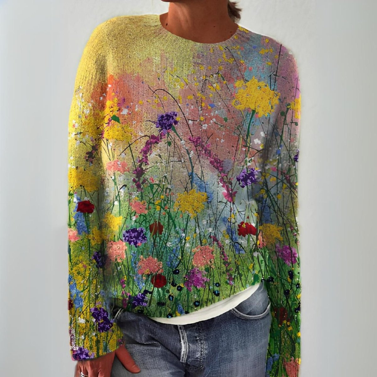 Women's Floral Art Print Long-Sleeve Knit Sweater - Multicolour