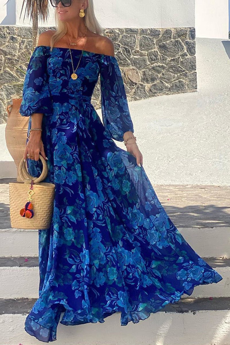 Women's Floral Bardot Maxi Mother of the Bride Dress Long Sleeve A-Line - Blue