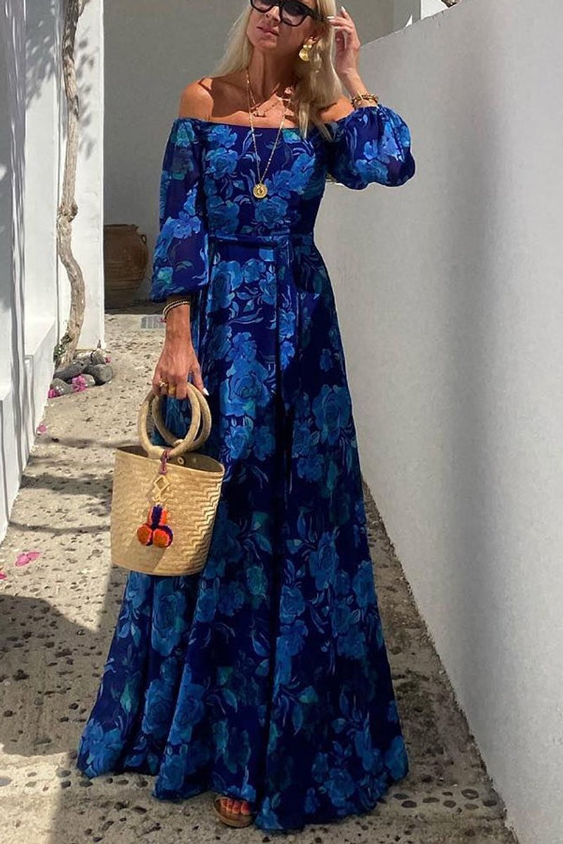 Women's Floral Bardot Maxi Mother of the Bride Dress Long Sleeve A-Line