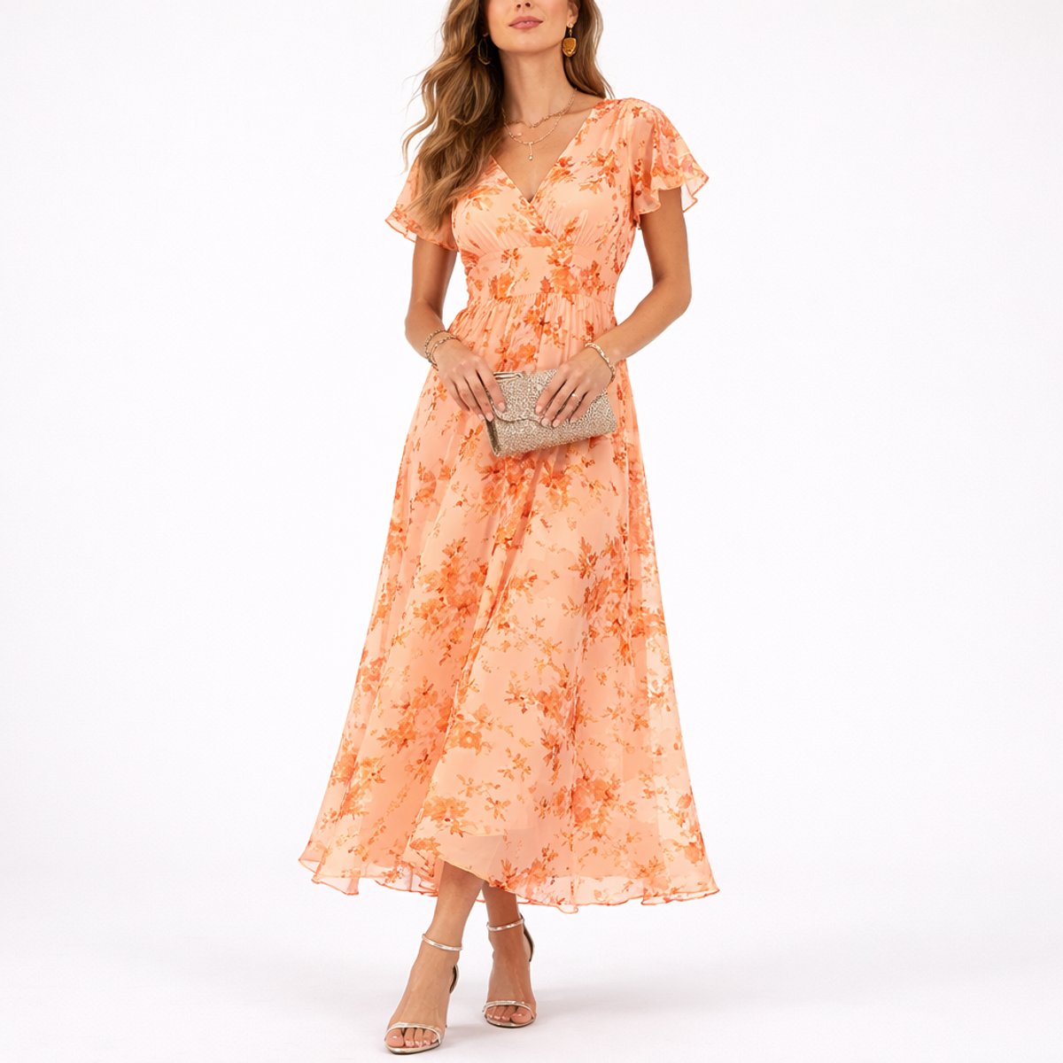 Women's Floral Chiffon V-Neck Flutter-Sleeve Maxi Dress - Orange