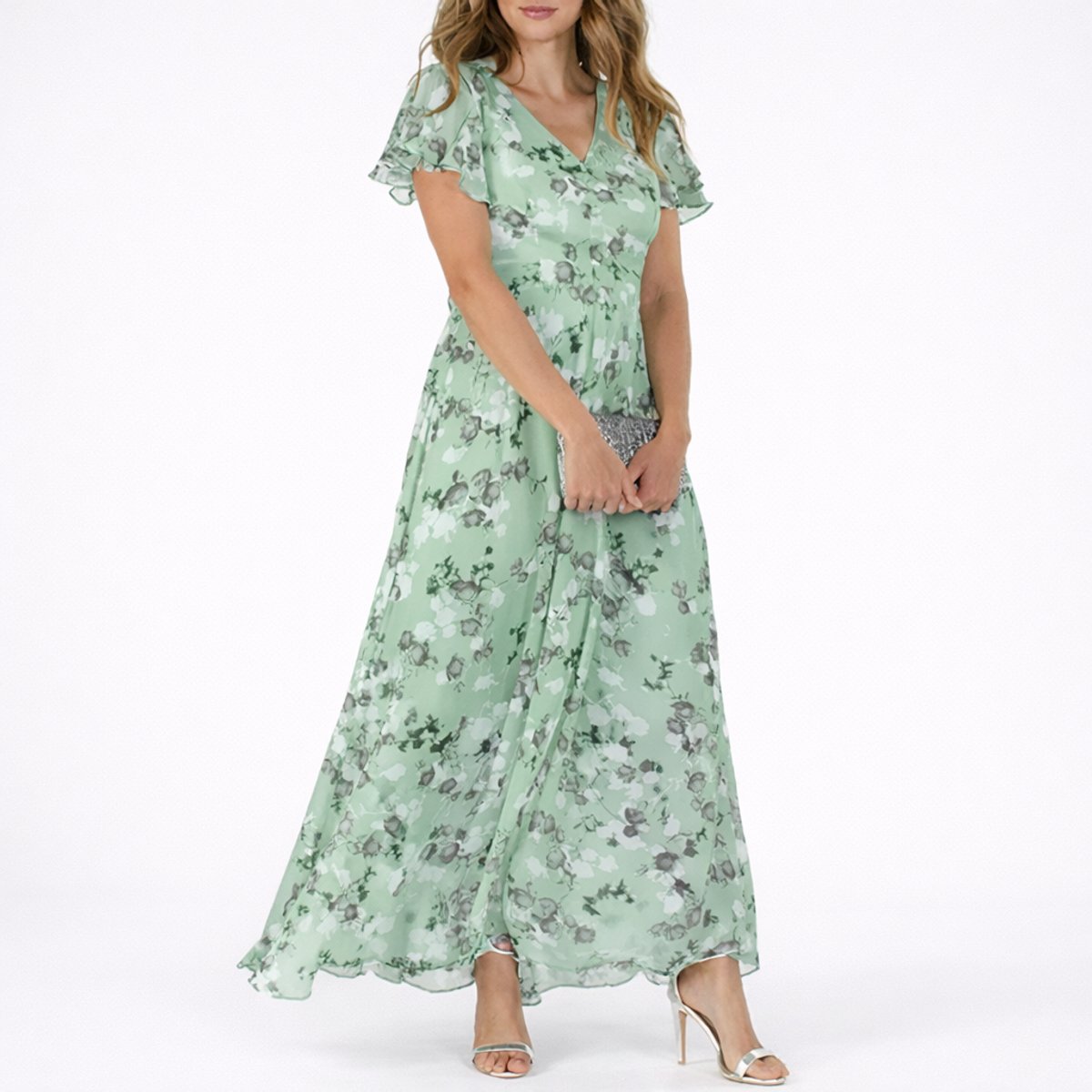 Women's Floral Chiffon V-Neck Flutter-Sleeve Maxi Dress - Green