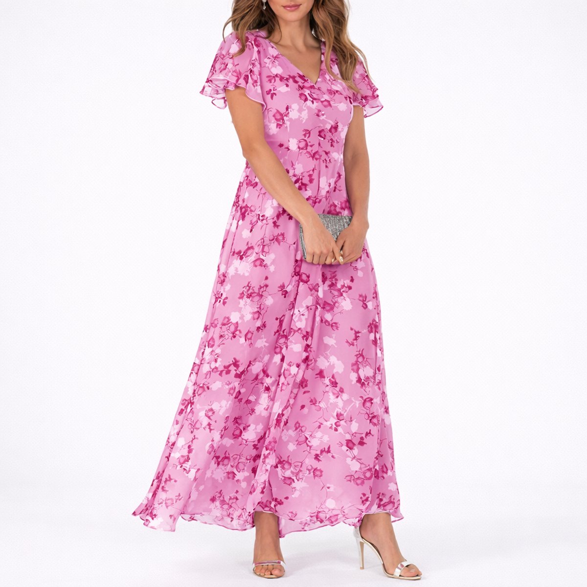 Women's Floral Chiffon V-Neck Flutter-Sleeve Maxi Dress - Pink