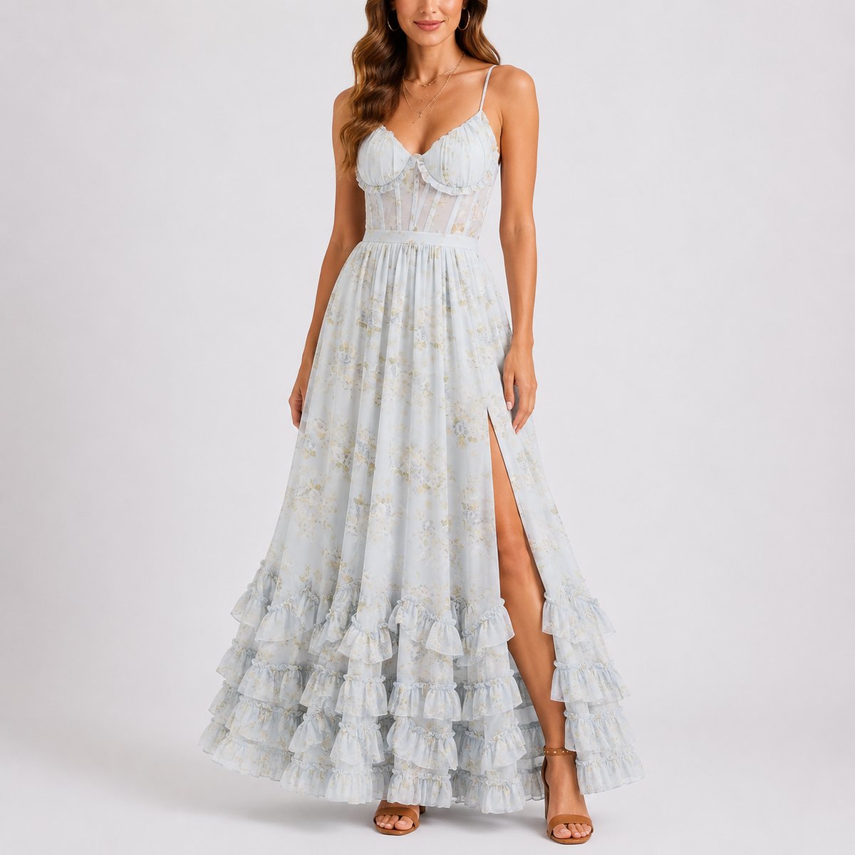 Women's Floral Corset-Bodice Ruffle-Hem Maxi Dress - Blue