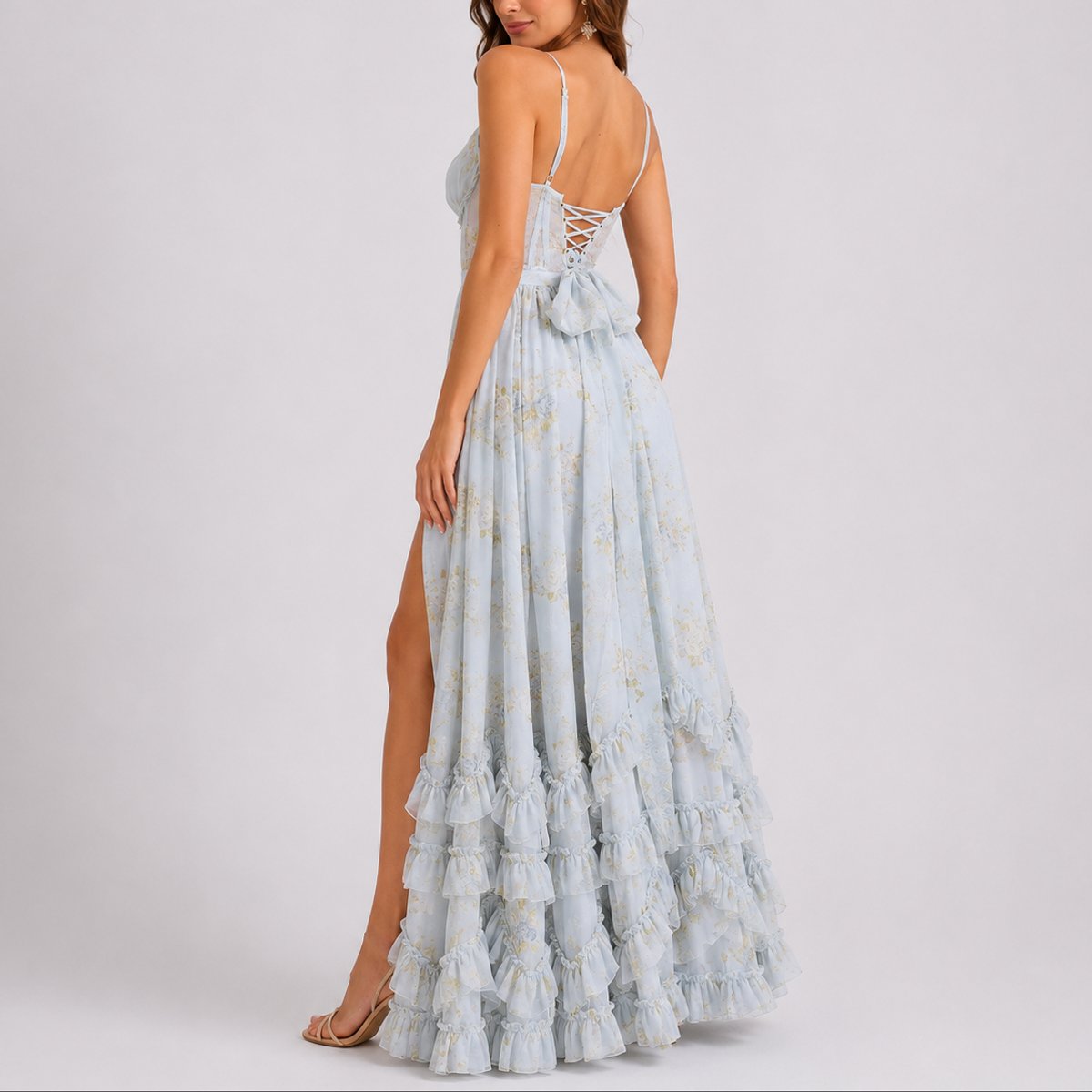 Women's Floral Corset-Bodice Ruffle-Hem Maxi Dress