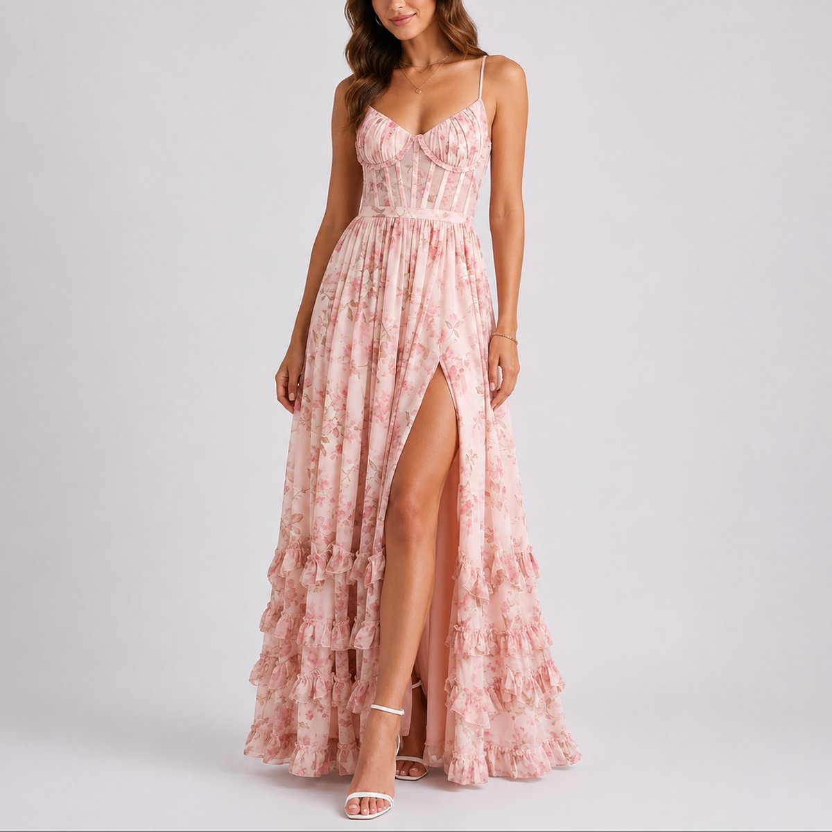 Women's Floral Corset-Bodice Ruffle-Hem Maxi Dress - Pink