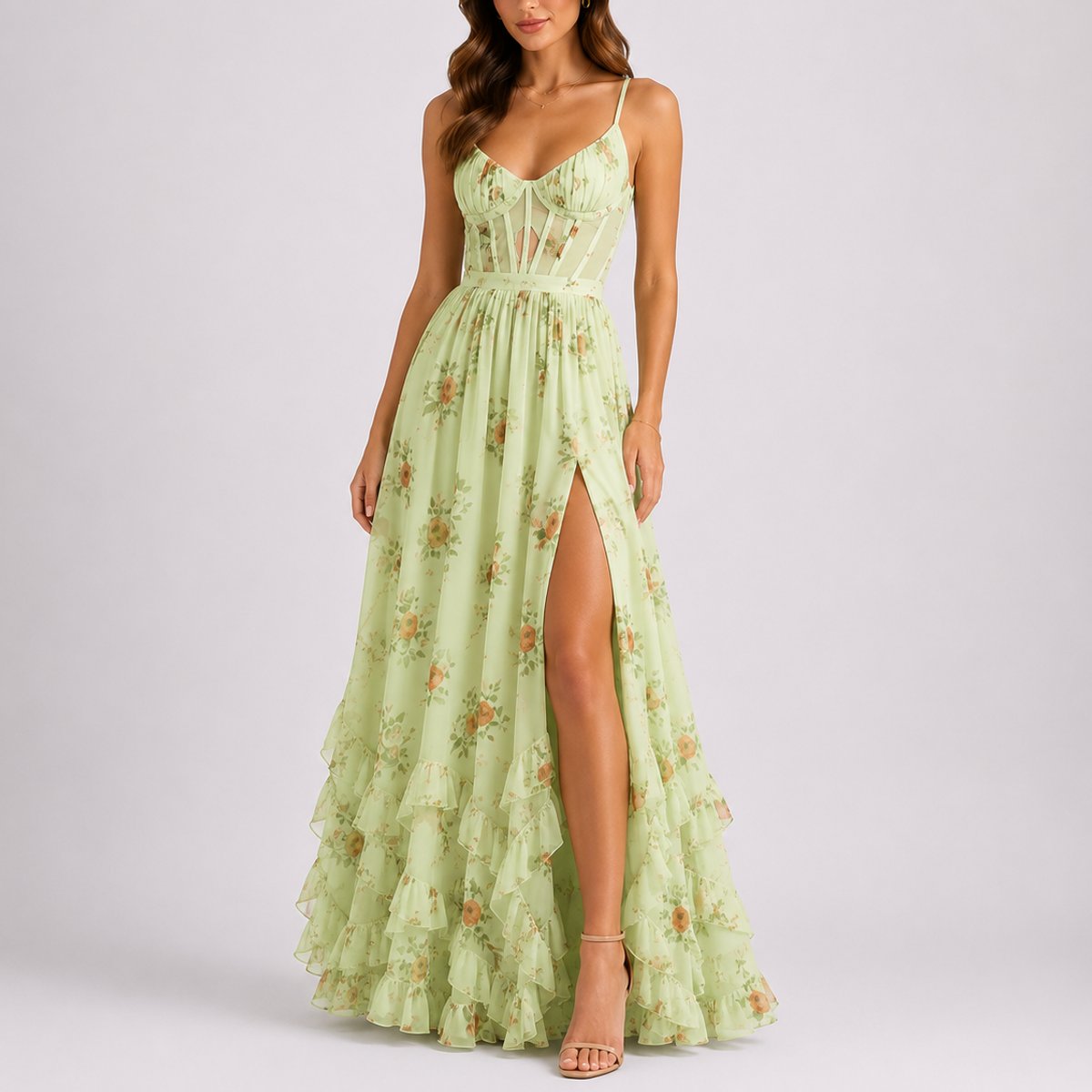 Women's Floral Corset-Bodice Ruffle-Hem Maxi Dress - Green
