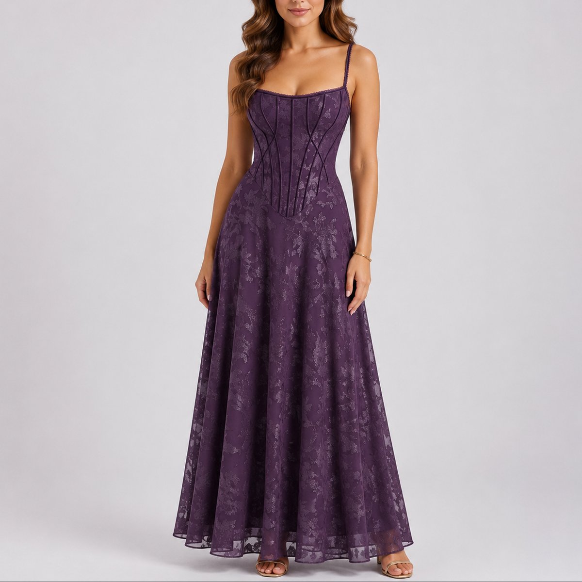 Women's Floral Corset-Bodice Spaghetti-Strap Formal Maxi Dress - Purple