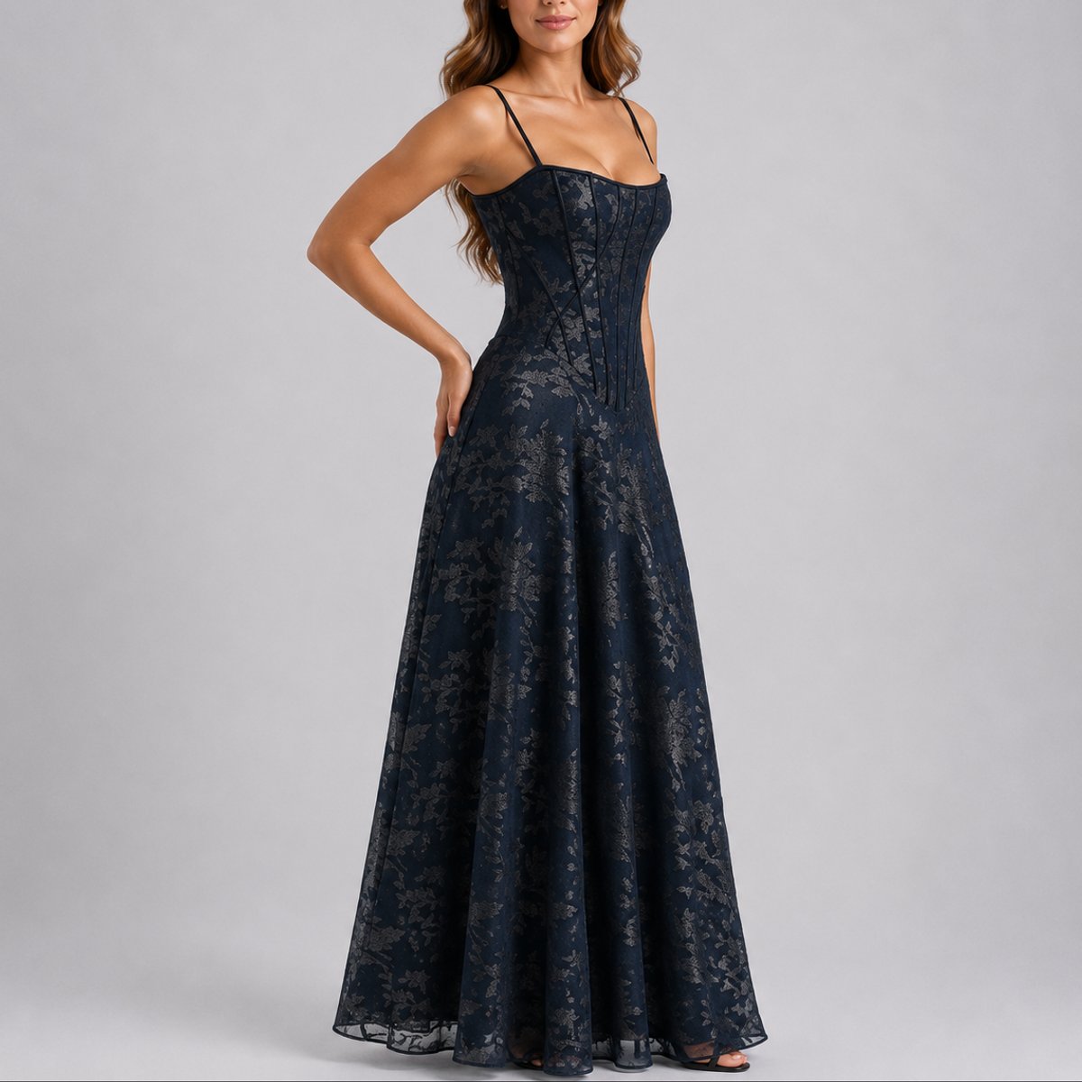 Women's Floral Corset-Bodice Spaghetti-Strap Formal Maxi Dress - Navy