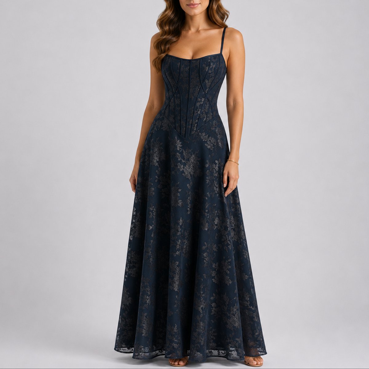 Women's Floral Corset-Bodice Spaghetti-Strap Formal Maxi Dress