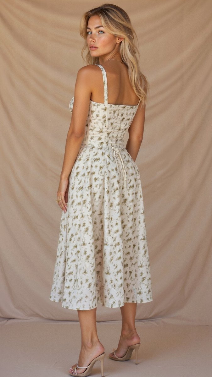 Women's Floral Corset Midi Dress Satin Bustier A-Line